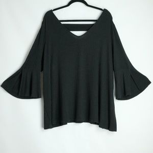 Westbound Woman Black Bell Sleeve V-Neck Top, 2X